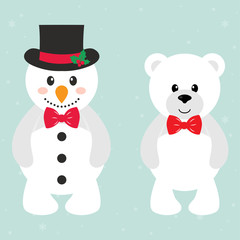 cartoon snowman and bear with tie