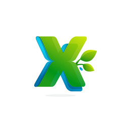 Letter X logo formed by ribbon with leaves and drops.