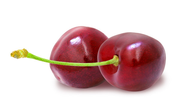 Two fresh ripe red cherries with stem isolated on white background. Design element for product label, catalog print, web use.