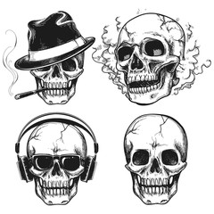 Set of hand drawn skulls isolated on white background. Vector illustration