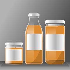 Fototapeta na wymiar Vector set of transparent glass or plastic orange liquid bottle with caps for juice mockup ready for your design