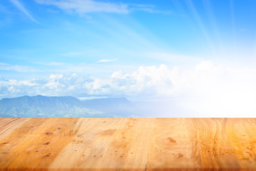 Close up top wooden table with nature background