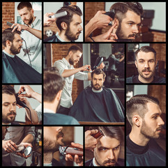 Barber at work. Collage from images of barbershop