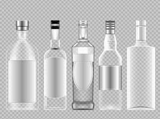 Vector set of transparent glass vodka alcohol bottle with caps for wine mockup ready for your design - obrazy, fototapety, plakaty
