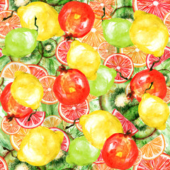 Panele Szklane Podświetlane  Akwarela bezszwowe vintage wzór składa się z rysunków owoców - limonka, cytryna, kiwi, plastry pomarańczy, granat. Złóż wniosek o różne projekty