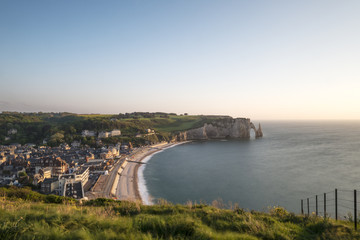 Scenic view of the famous cliffs of Etretat in Normandy at sunset, France
