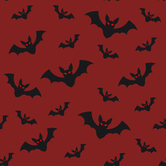 Halloween seamless pattern flying bats on red sky background, mystery horror holiday vector flat illustration, All Saints Day symbols