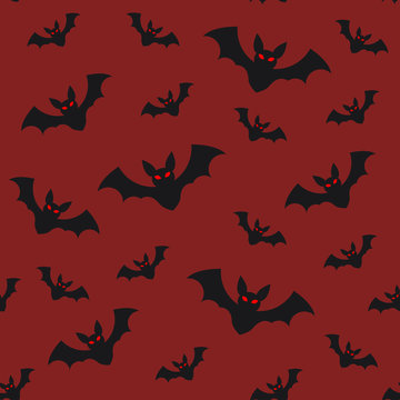 Halloween seamless pattern flying bats on red sky background, mystery horror holiday vector flat illustration, All Saints Day symbols