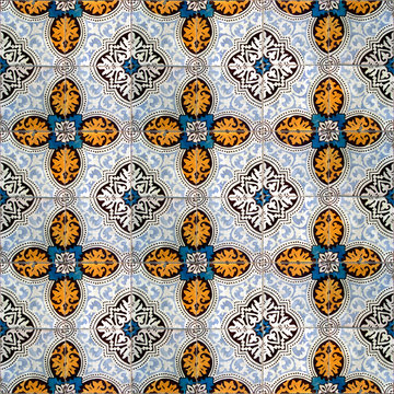 Detail of typical old Lisbon tiles, traditional decoration of Portugal (azulejos)