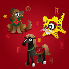 3 Chinese Zodiac Mascots: Dog, Tiger and Horse