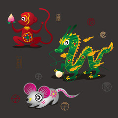 3 Chinese Zodiac Mascots: Monkey, Dragon and Rat