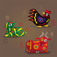 3 Chinese Zodiac Mascots: Rooster, Snake and Ox