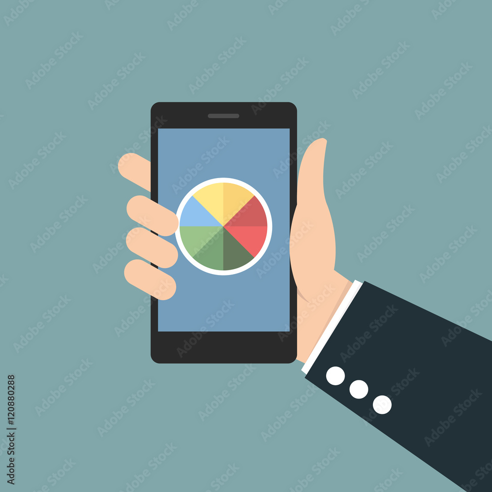 Poster hand holding smart phone with analyzing graph. always connected