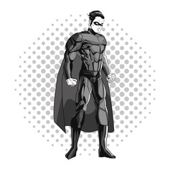 Superhero man cartoon with uniform icon. Comic power costume and hero theme. Black and white design. Pointed background. Vector illustration