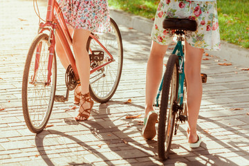 The two young girls with bicycles in park