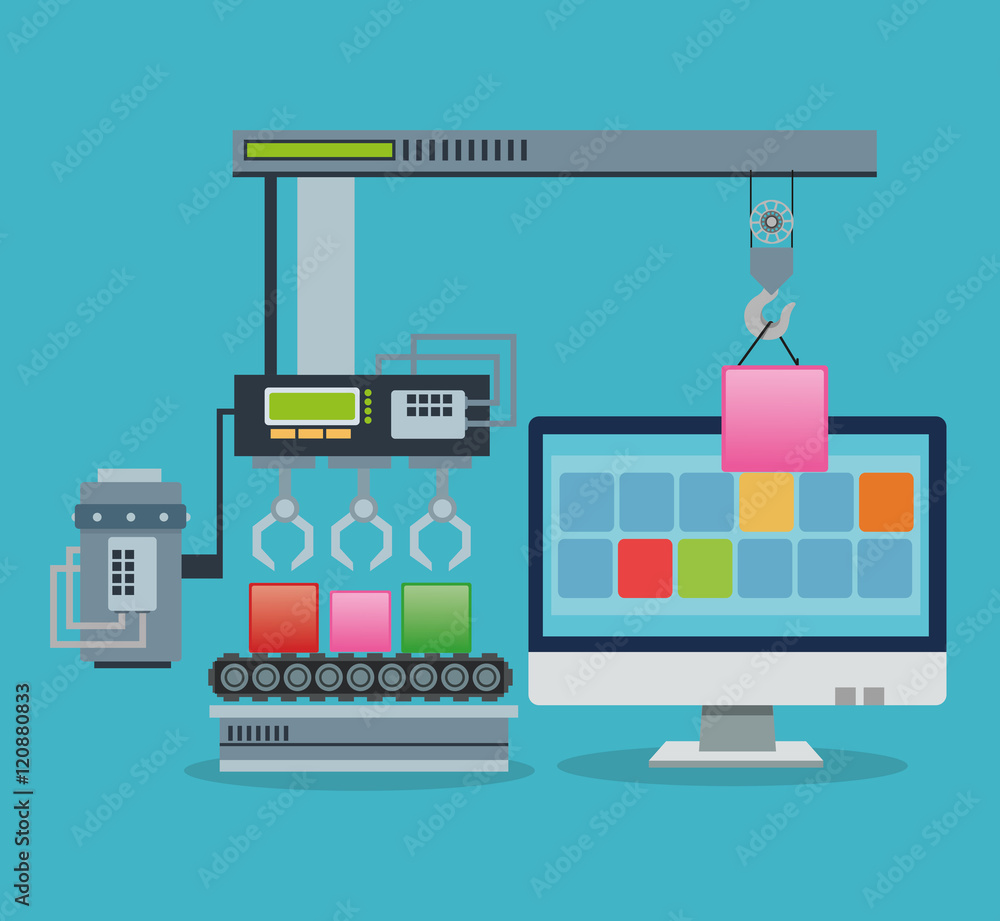 Poster blocks factory and computer icon. industry app and construction theme. colorful design. vector illus