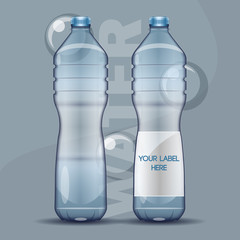 Vector set of transparent plastic blue liquid bottle with caps for mineral water mockup ready for your design