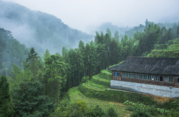 Mountains scenery in the rain and mist