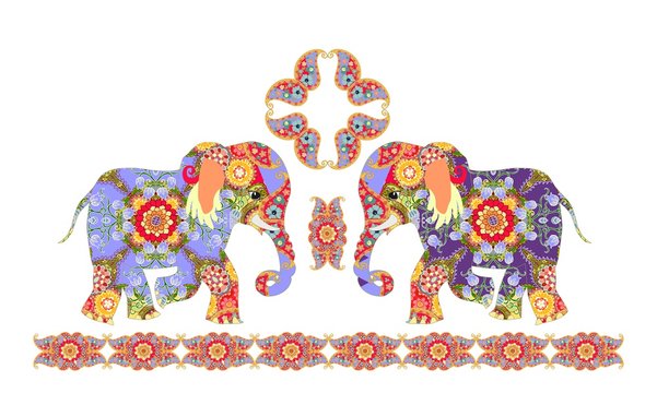 Indian decorative pattern with elephants and paisley. 