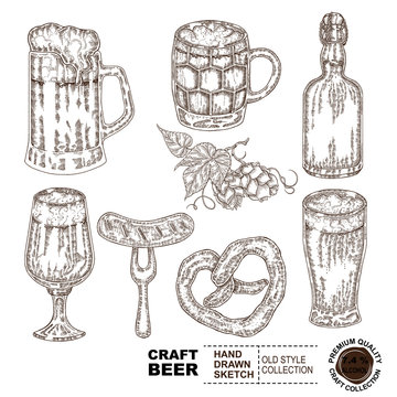 Beer set vintage sketch style. Hand drawn bottle, beer glass, hops