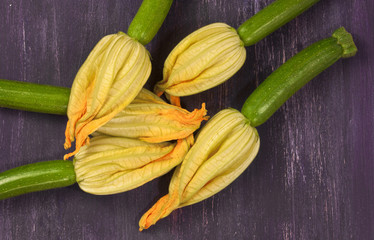 Zucchini flowers, shot from above on dark purple background