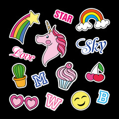 Fashion patch badges with different elements. Set of stickers, pins, patches and handwritten notes collection in cartoon 80s-90s comic style. Trend. Vector illustration isolated.Vector clip art.