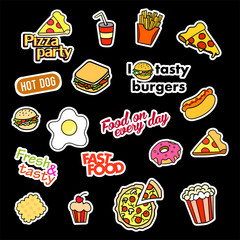Fashion patch badges. Fast food set. Stickers, pins, patches and handwritten notes collection in cartoon 80s-90s comic style. Trend. Vector illustration isolated. Vector clip art.