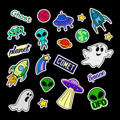 Fashion patch badges. Ufo set. Stickers, pins, patches and handwritten notes collection in cartoon 80s-90s comic style. Trend. Vector illustration isolated. Vector clip art.