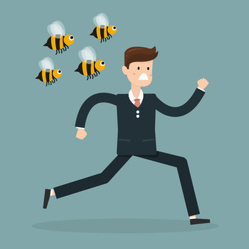 Cartoon businessman was attacked by swarm of angry wild bees and