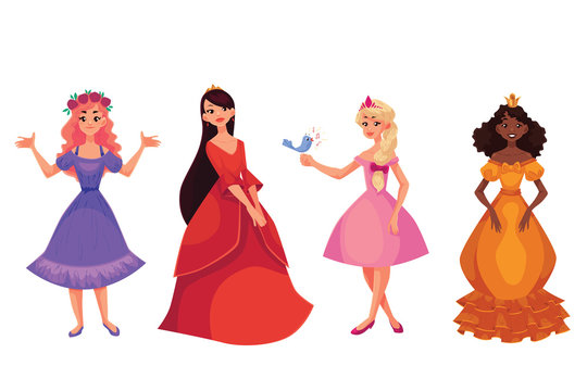 Cute collection of beautiful princesses, cartoon vector illustration isolated in white background. Four beautiful princesses in evening gowns, black skinned and caucasian, black, red and blond hair