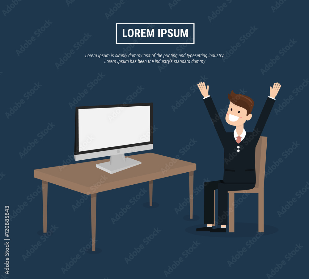 Poster businessman sit in front of computer with envelope in monitor, y