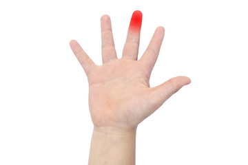 Boy's hand with a red middle finger