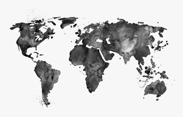 Illustrated map of the world with a isolated background. Black watercolor - obrazy, fototapety, plakaty