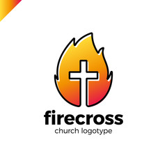 Modern Christianity cross in fire or flame symbol in negative space.