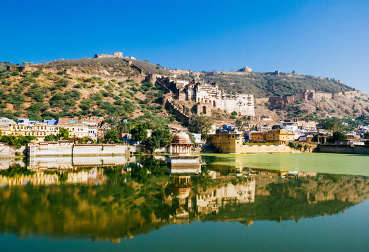 Panorama Bundi city. View of the Bundi palace from Nawal Sagar lake .  Rajasthan, India