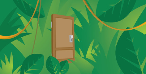 Mysterious door hidden in thick jungle