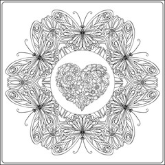 Hand drawn floral mandala with butterflies and decorative Love H
