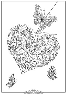 Decorative love hearts and butterflies. Adult coloring book.