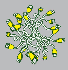 Tangled usb cables joined as medusa