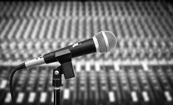 microphone on live mixer background, bw filter