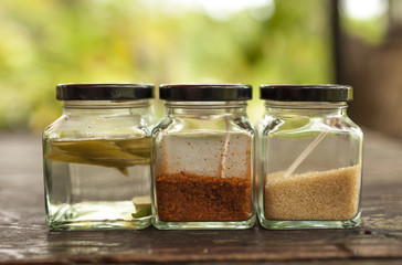 Chili in vinega, sugar and chili powder in glass bowl