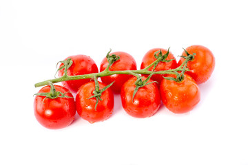 Branch of red cherry tomatoes sprinkled with water and isolated on a white background.