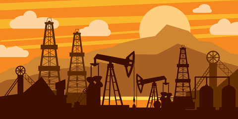 Naklejka premium Oil platform concept. Oil derricks and pumps on an orange background