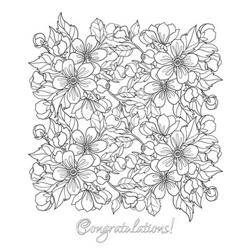 Apple tree flowers pattern. Good for coloring book for adult and older children or like greeting card for birthday, Valentines day or wedding. Vector illustration. Outline drawing.
