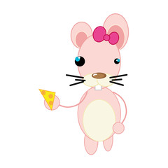 pink mouse with piece of cheese animal cartoon. vector illustration