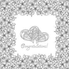 Apple tree flowers pattern with Love Heart. Good for coloring book for adult and older children or like greeting card for birthday, Valentines day or wedding. Vector illustration. Outline drawing.