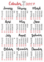 Hand drawn calendar 2017. Week starts on Monday