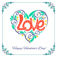 Fototapeta na wymiar Greeting card with decorative Love Heart in floral frame.