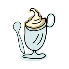 ice coffee with chantilly cream on glass cup and spoon. vector illustration