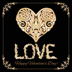 Greeting card with Gold decorative  Love Heart in floral frame on black background.